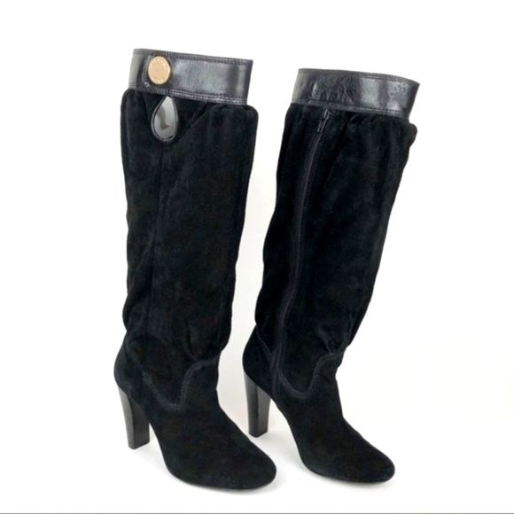 Michael Kors Womens Suede Boots 5.5 Black Zip Knee High Heeled Slouchy Leather - Picture 2 of 8